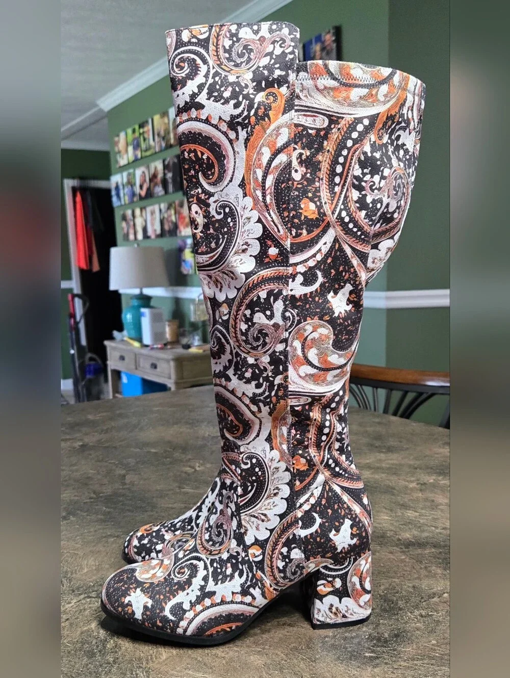 Women's Paisley Pattern Knee-High Heeled Boots #1274 - Picture 3 of 8